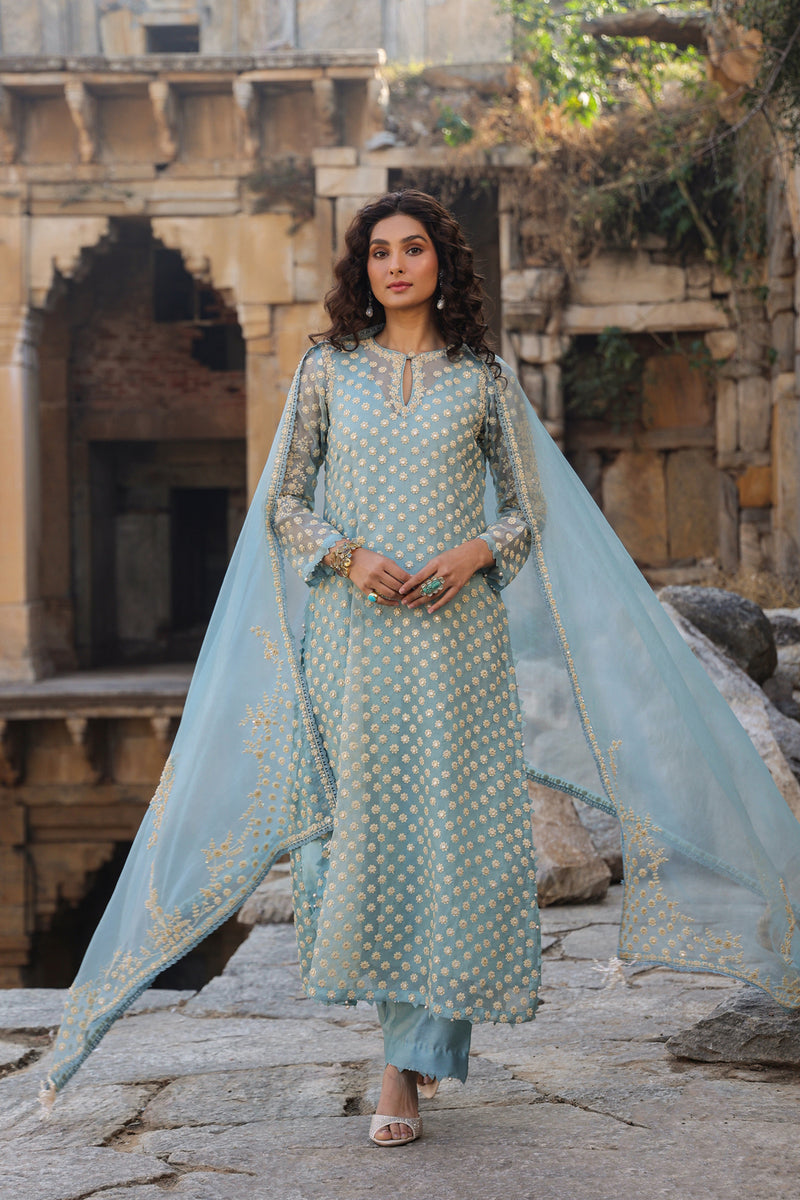 Vaayu Light Blue Buti Kurta Set organza , silk tencel kurta/kurta set by Niti Bothra in light blue for women Worldwide