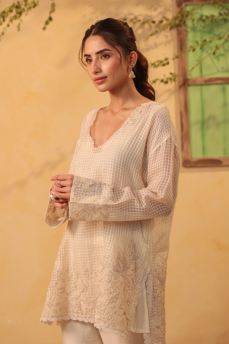 Vaayu Ivory Heavy Applique Co-Ord Set silk chanderi , silk tencel kurta/kurta set by Niti Bothra in ivory for women Worldwide