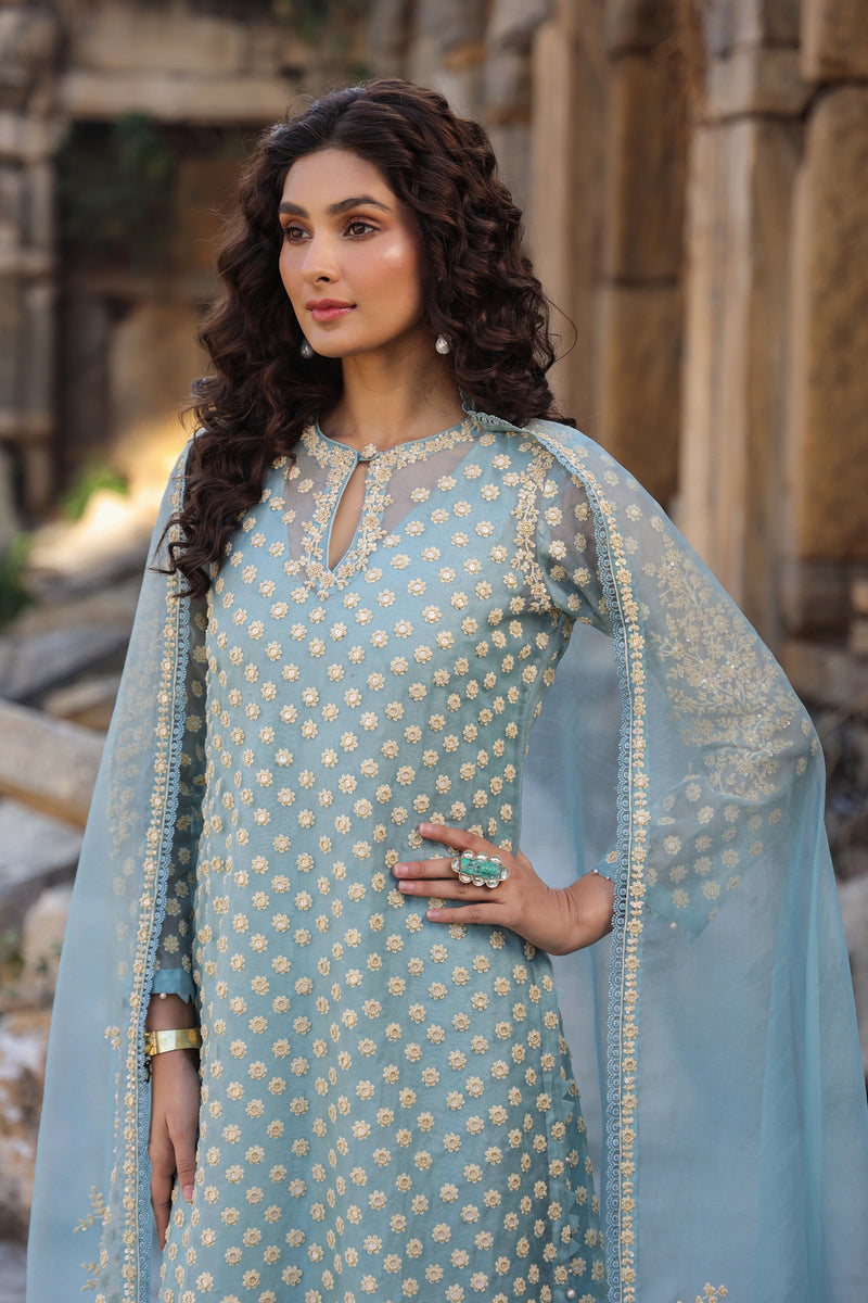 Vaayu Light Blue Buti Kurta Set organza , silk tencel kurta/kurta set by Niti Bothra in light blue for women Worldwide