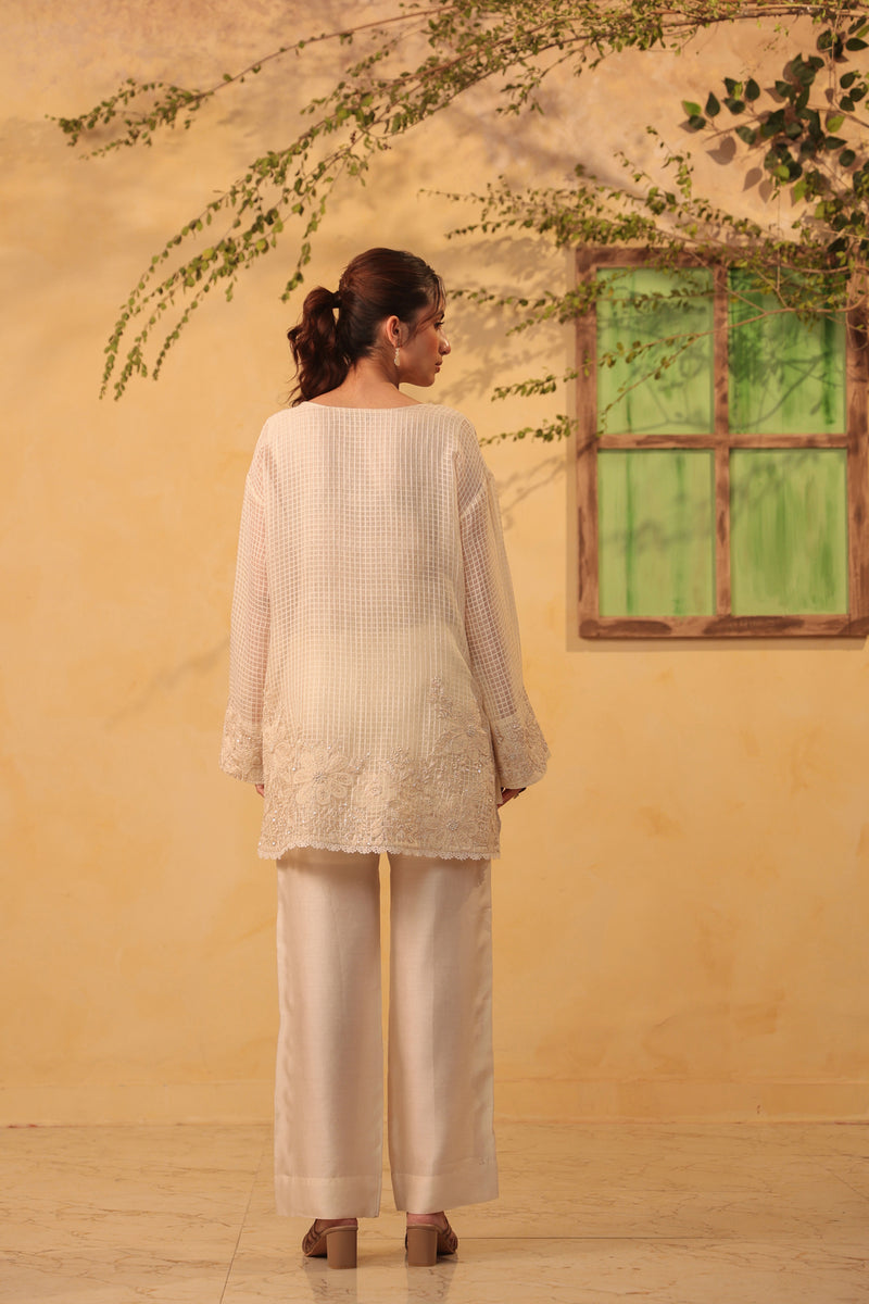 Vaayu Ivory Heavy Applique Co-Ord Set silk chanderi , silk tencel kurta/kurta set by Niti Bothra in ivory for women Worldwide