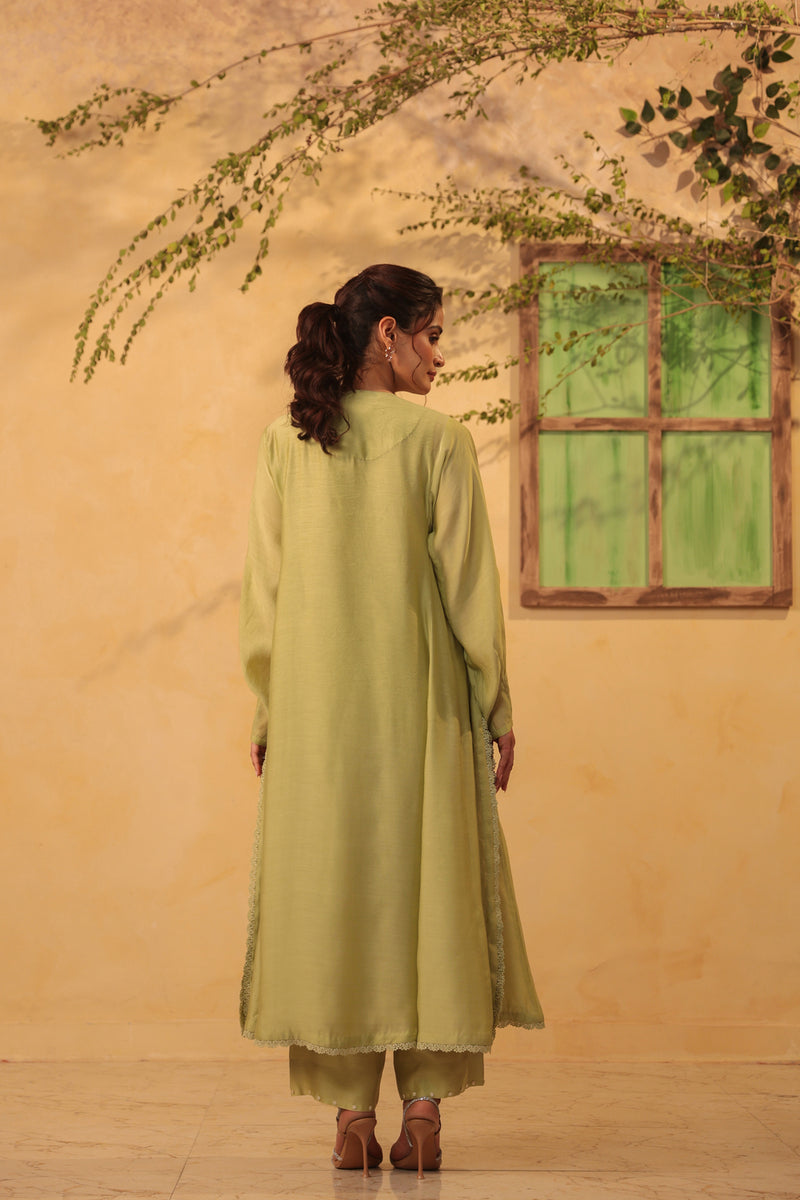 Vaayu Green Jacket Style Kurta Set silk chanderi , silk tencel kurta/kurta set by Niti Bothra in green for women Worldwide