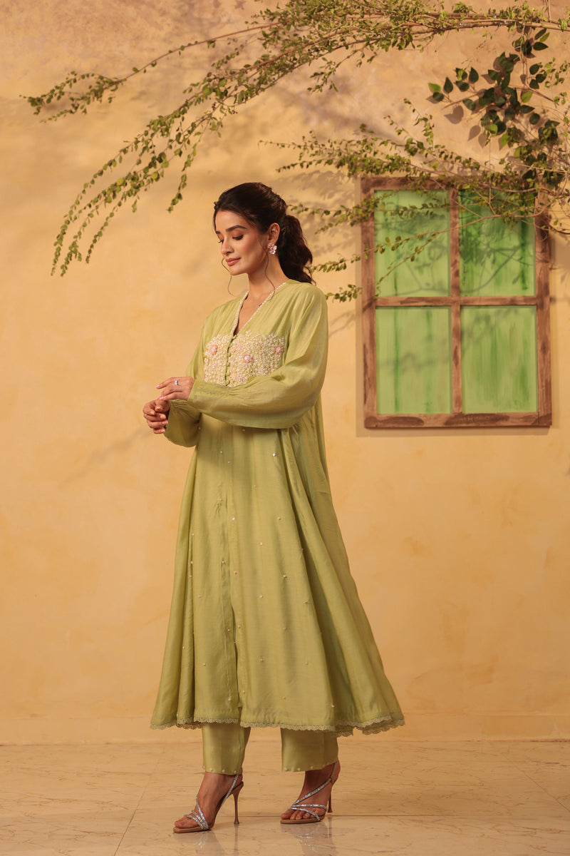 Vaayu Green Jacket Style Kurta Set silk chanderi , silk tencel kurta/kurta set by Niti Bothra in green for women Worldwide