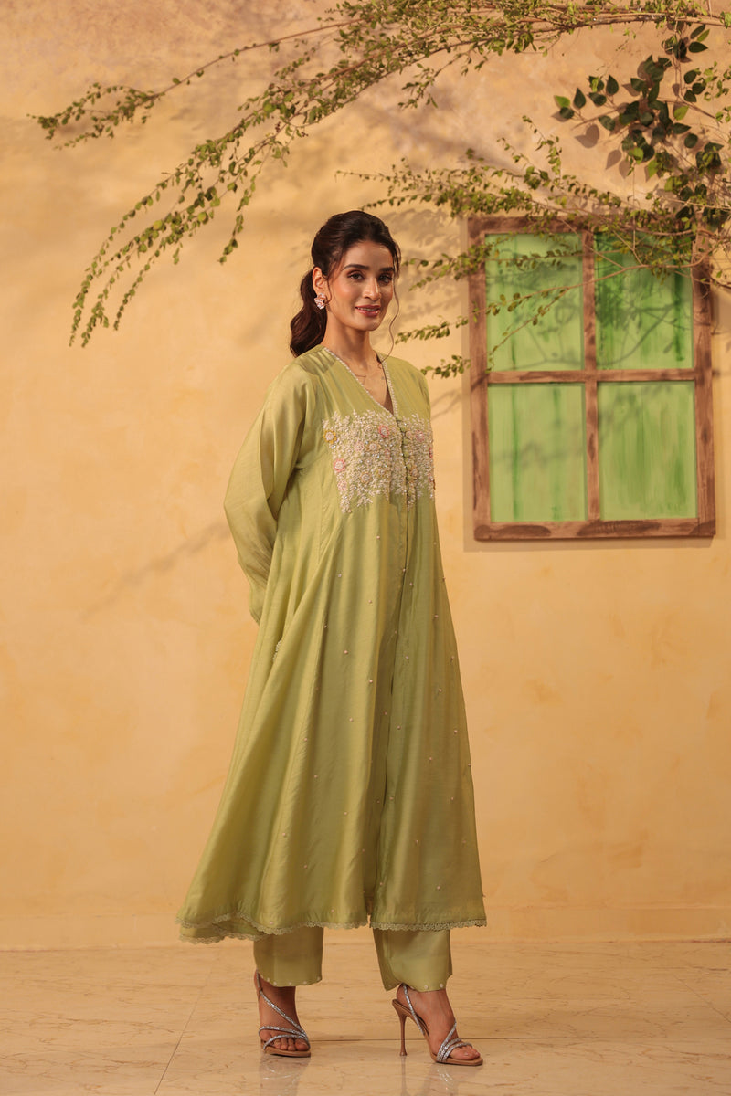 Vaayu Green Jacket Style Kurta Set silk chanderi , silk tencel kurta/kurta set by Niti Bothra in green for women Worldwide