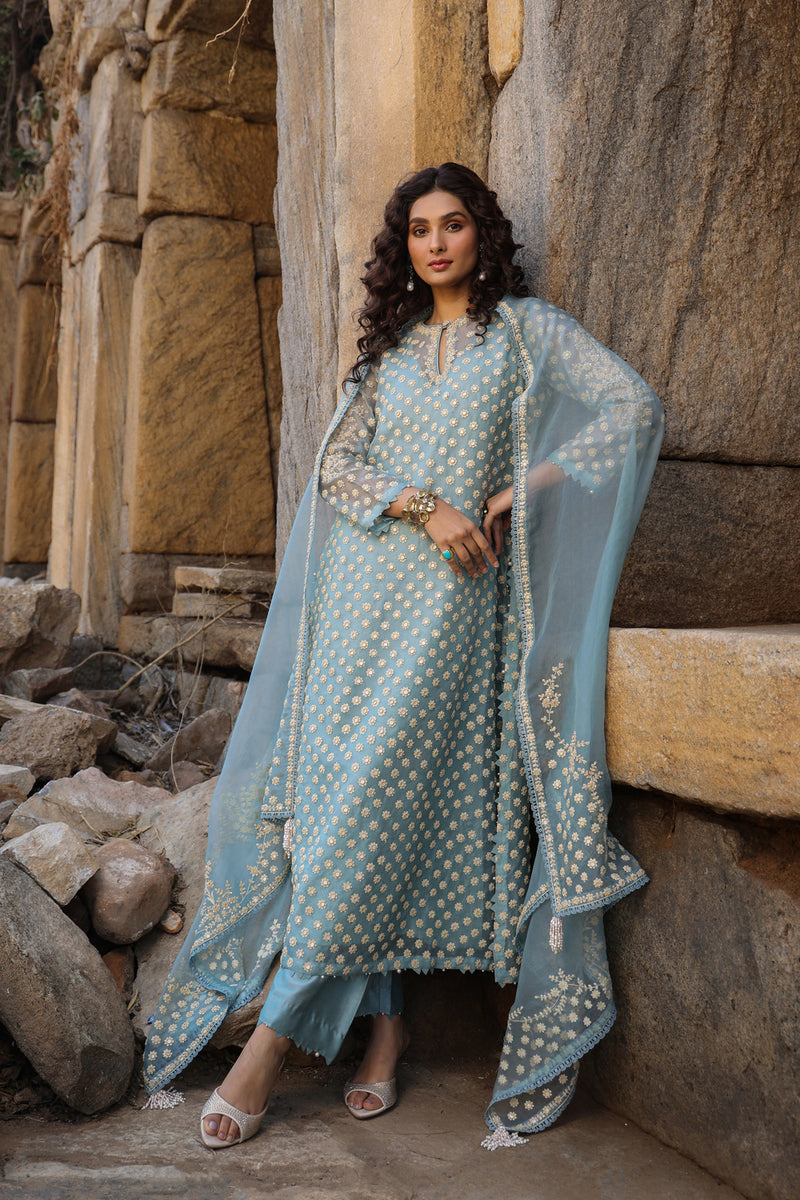 Vaayu Light Blue Buti Kurta Set organza , silk tencel kurta/kurta set by Niti Bothra in light blue for women Worldwide