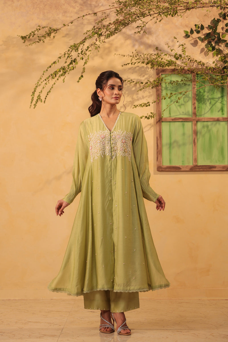 Vaayu Green Jacket Style Kurta Set silk chanderi , silk tencel kurta/kurta set by Niti Bothra in green for women Worldwide