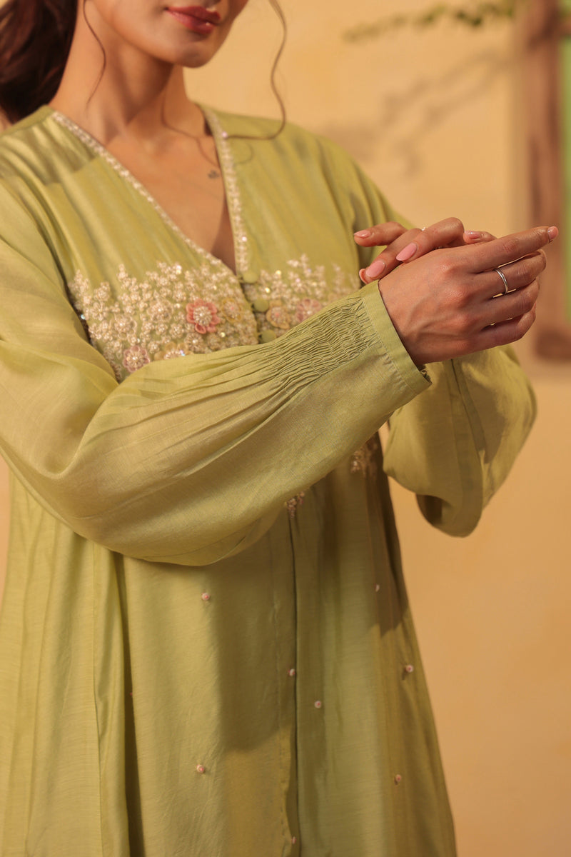 Vaayu Green Jacket Style Kurta Set silk chanderi , silk tencel kurta/kurta set by Niti Bothra in green for women Worldwide