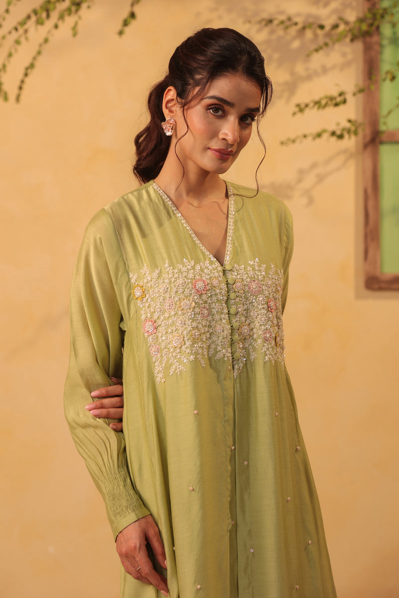 Vaayu Green Jacket Style Kurta Set silk chanderi , silk tencel kurta/kurta set by Niti Bothra in green for women Worldwide