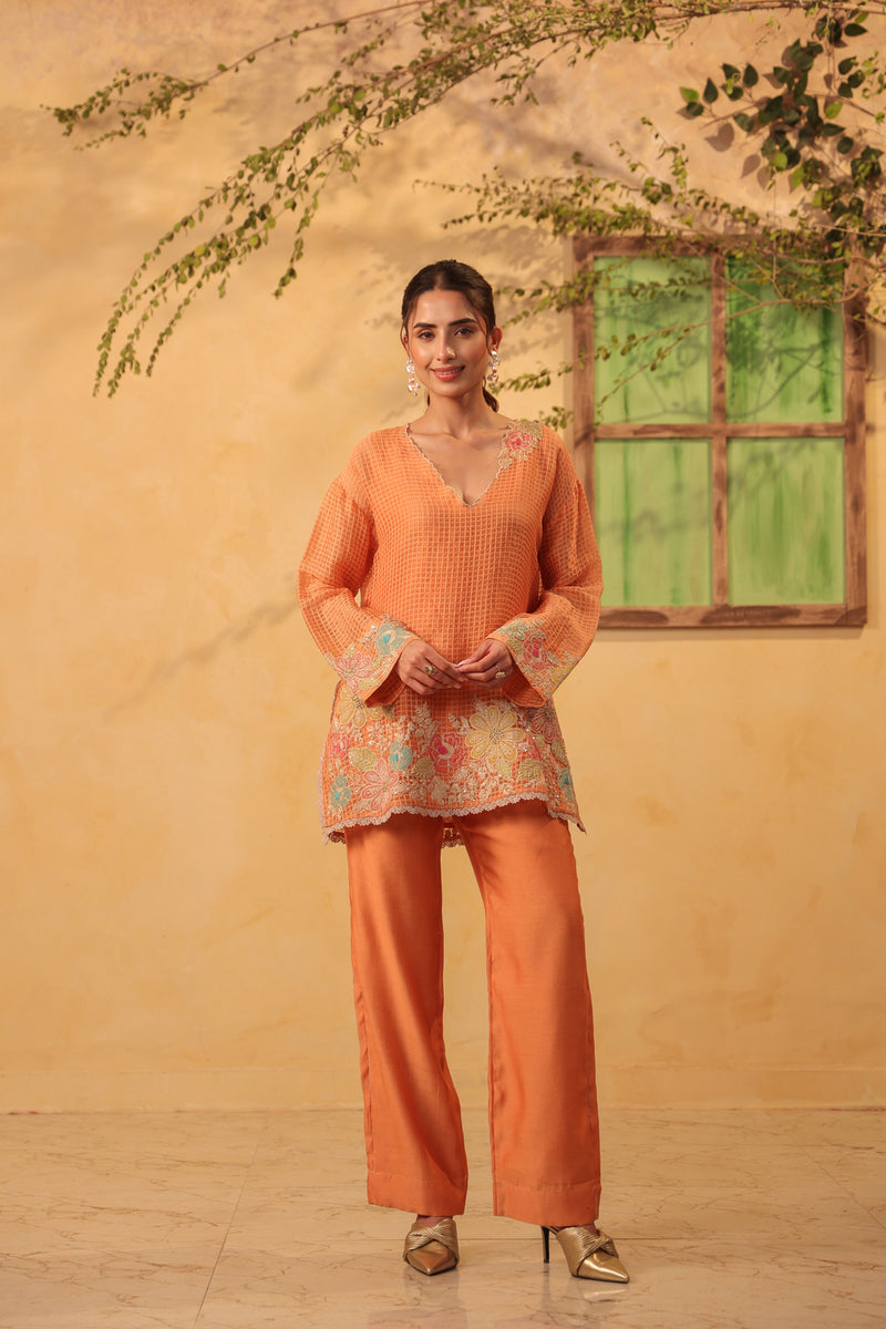 Vaayu Orange Heavy Applique Co-Ord Set silk chanderi , silk tencel kurta/kurta set by Niti Bothra in orange for women Worldwide