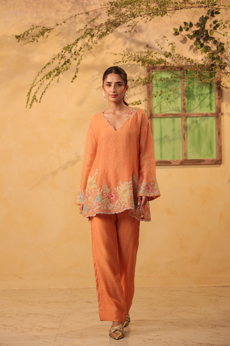 Vaayu Orange Heavy Applique Co-Ord Set silk chanderi , silk tencel kurta/kurta set by Niti Bothra in orange for women Worldwide
