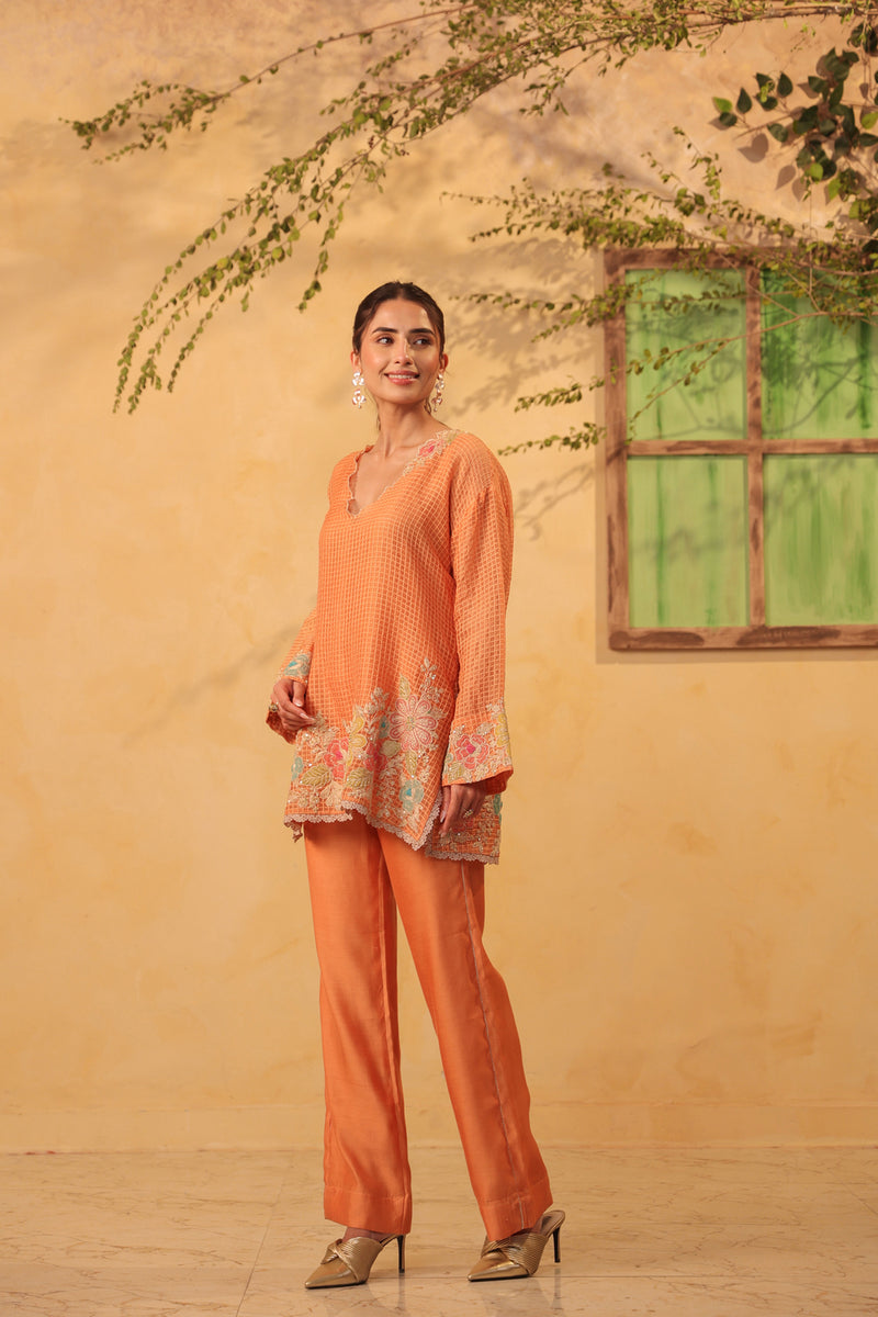 Vaayu Orange Heavy Applique Co-Ord Set silk chanderi , silk tencel kurta/kurta set by Niti Bothra in orange for women Worldwide