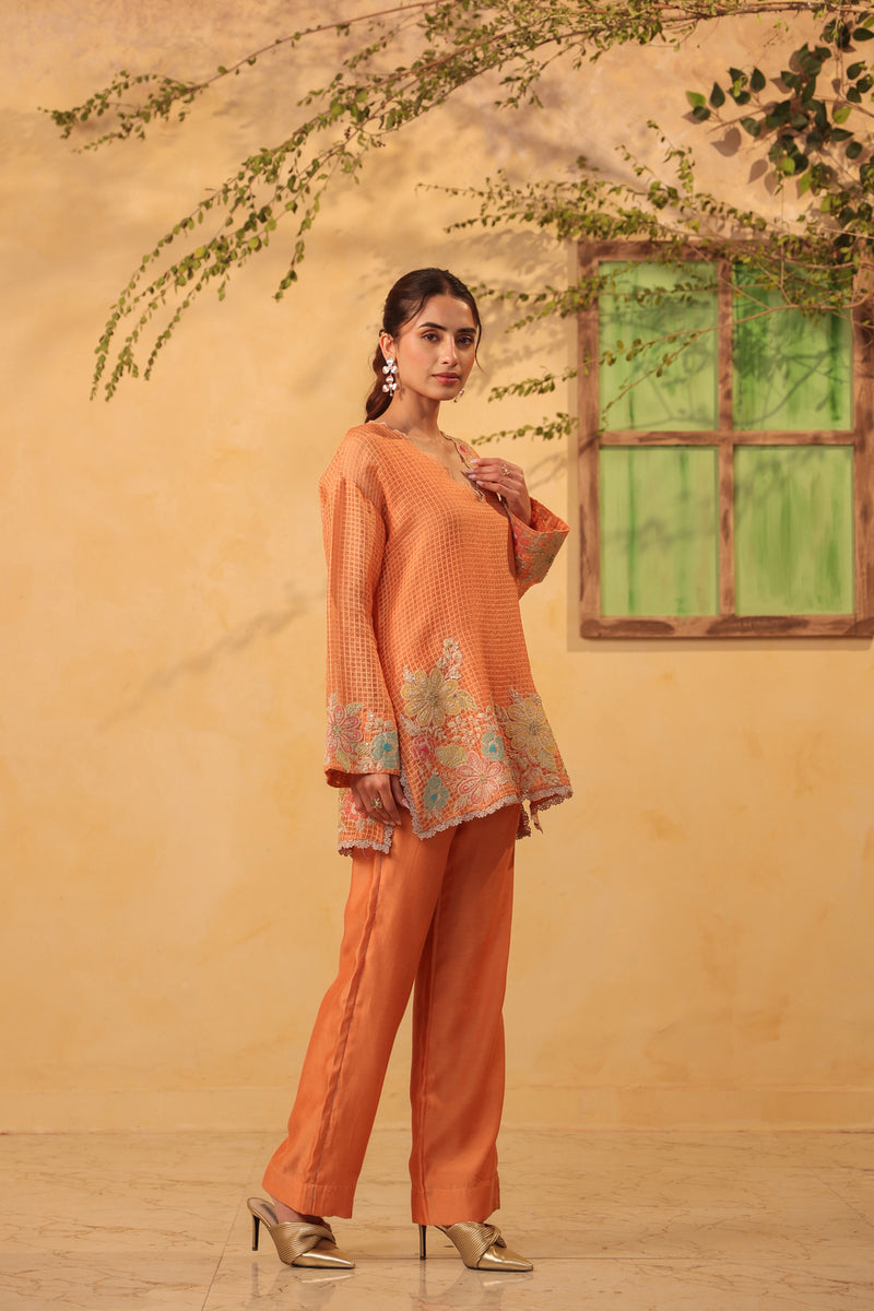 Vaayu Orange Heavy Applique Co-Ord Set silk chanderi , silk tencel kurta/kurta set by Niti Bothra in orange for women Worldwide