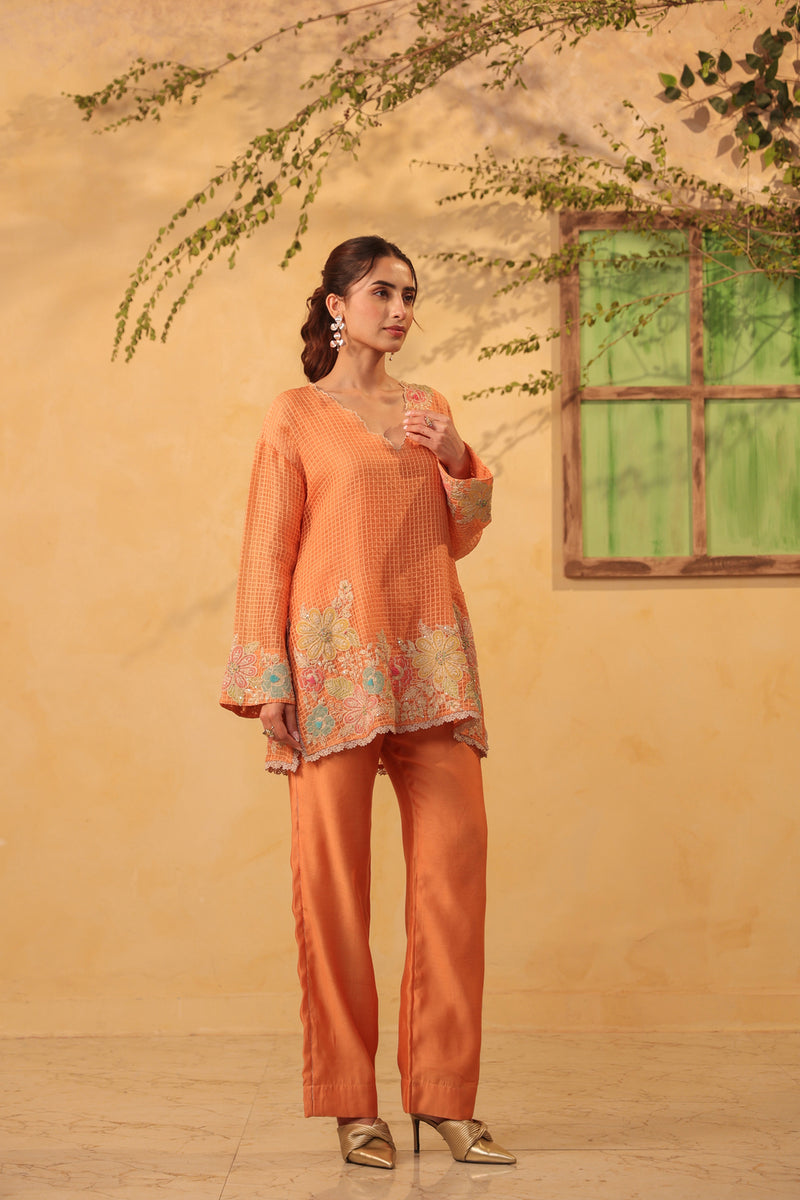 Vaayu Orange Heavy Applique Co-Ord Set silk chanderi , silk tencel kurta/kurta set by Niti Bothra in orange for women Worldwide