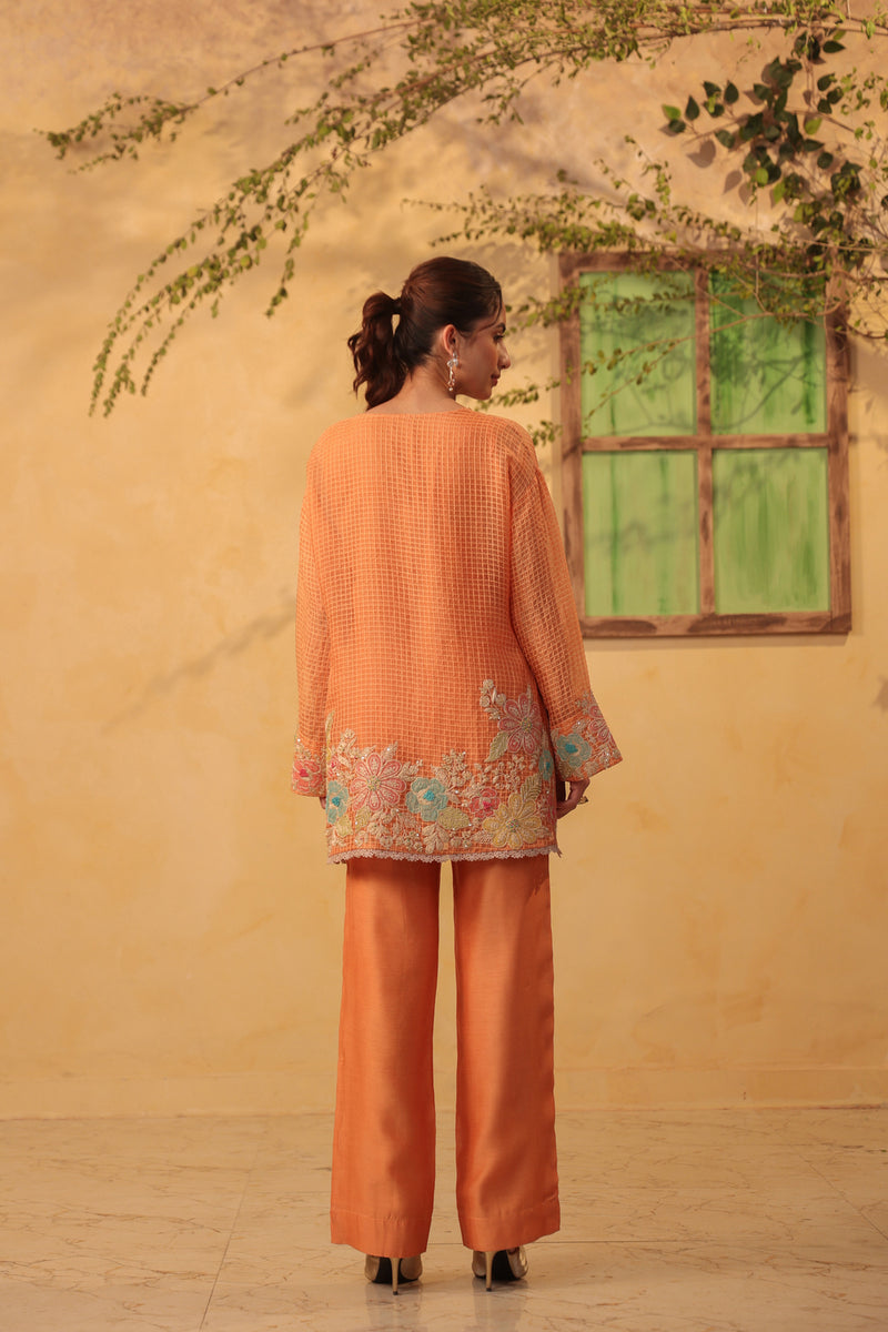 Vaayu Orange Heavy Applique Co-Ord Set silk chanderi , silk tencel kurta/kurta set by Niti Bothra in orange for women Worldwide