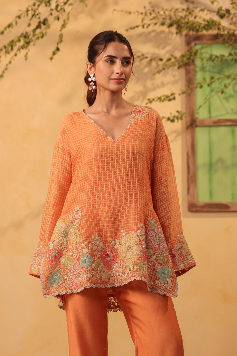 Vaayu Orange Heavy Applique Co-Ord Set silk chanderi , silk tencel kurta/kurta set by Niti Bothra in orange for women Worldwide