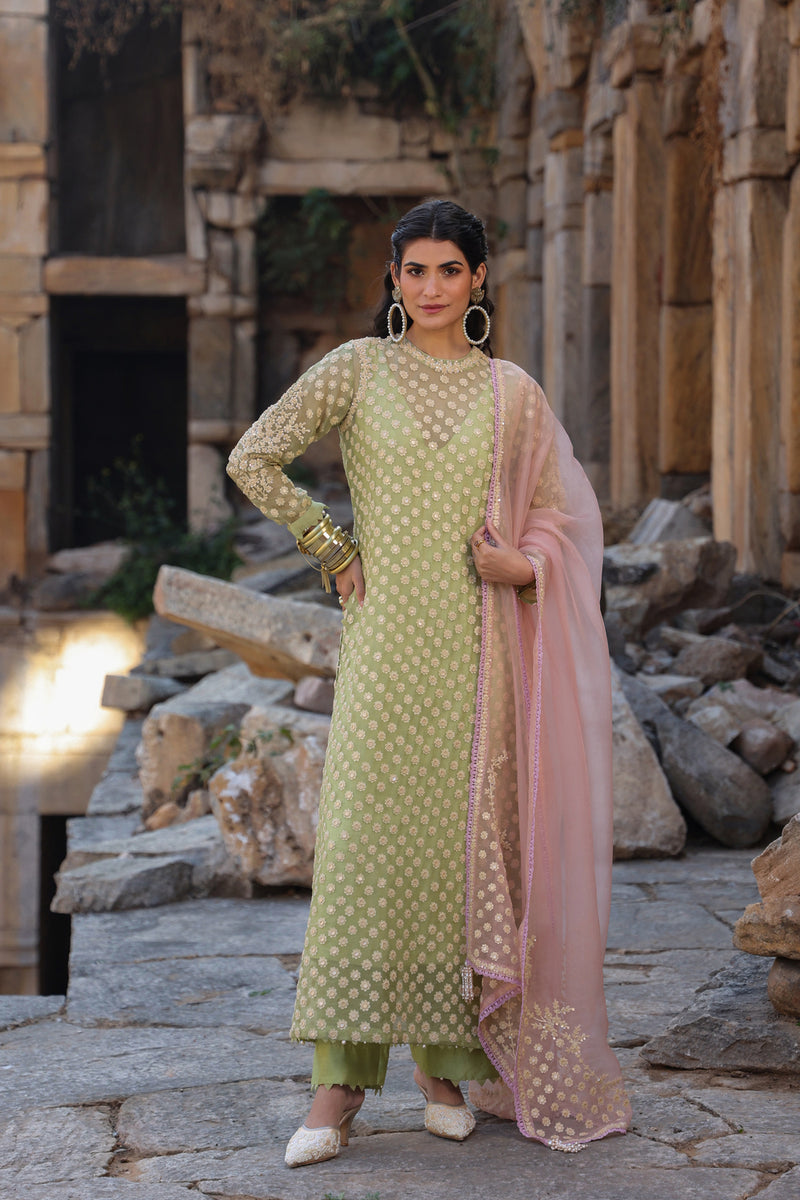 Vaayu Green Close Neck Kurta Set organza , silk tencel kurta/kurta set by Niti Bothra in green for women Worldwide