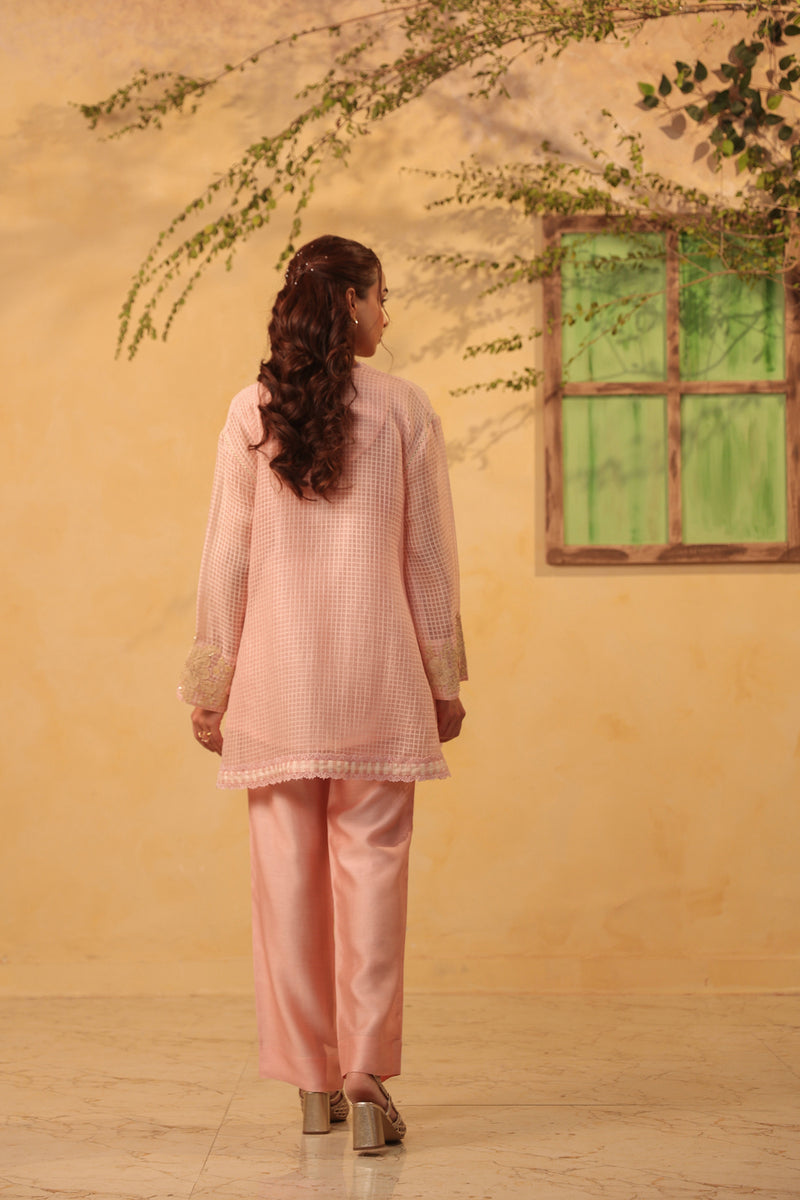 Vaayu Light Pink Applique Co-ord Set Set silk chanderi , silk tencel kurta/kurta set by Niti Bothra in light pink for women Worldwide
