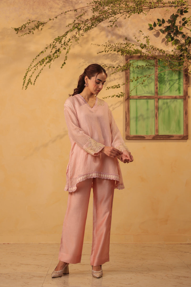 Vaayu Light Pink Applique Co-ord Set Set silk chanderi , silk tencel kurta/kurta set by Niti Bothra in light pink for women Worldwide