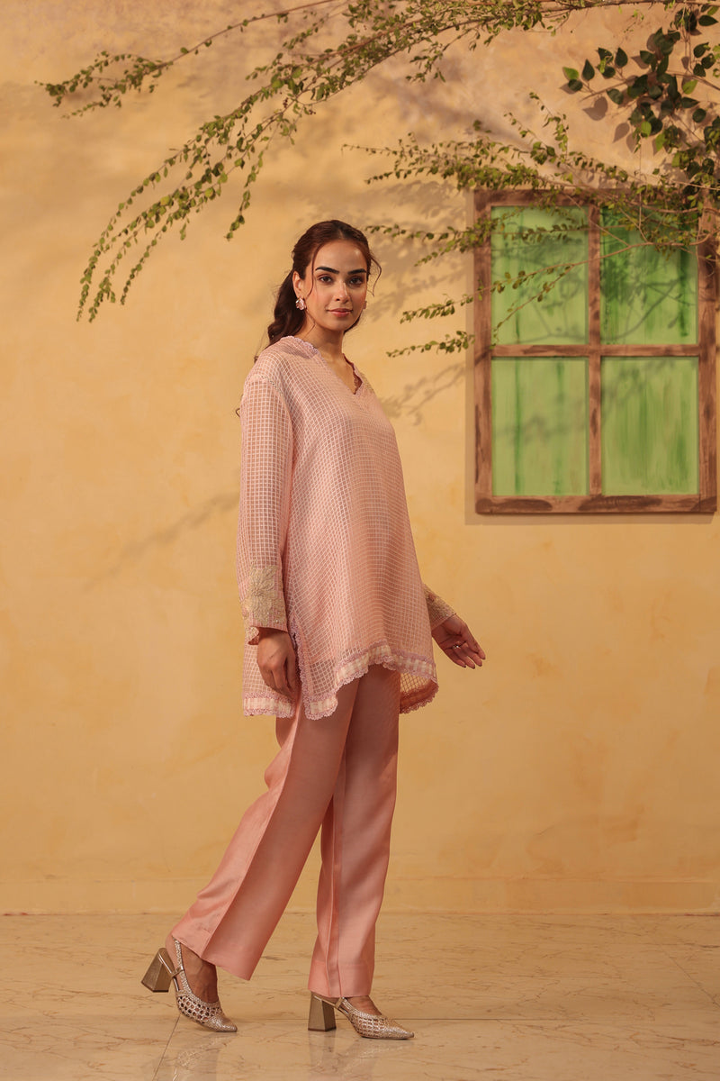 Vaayu Light Pink Applique Co-ord Set Set silk chanderi , silk tencel kurta/kurta set by Niti Bothra in light pink for women Worldwide