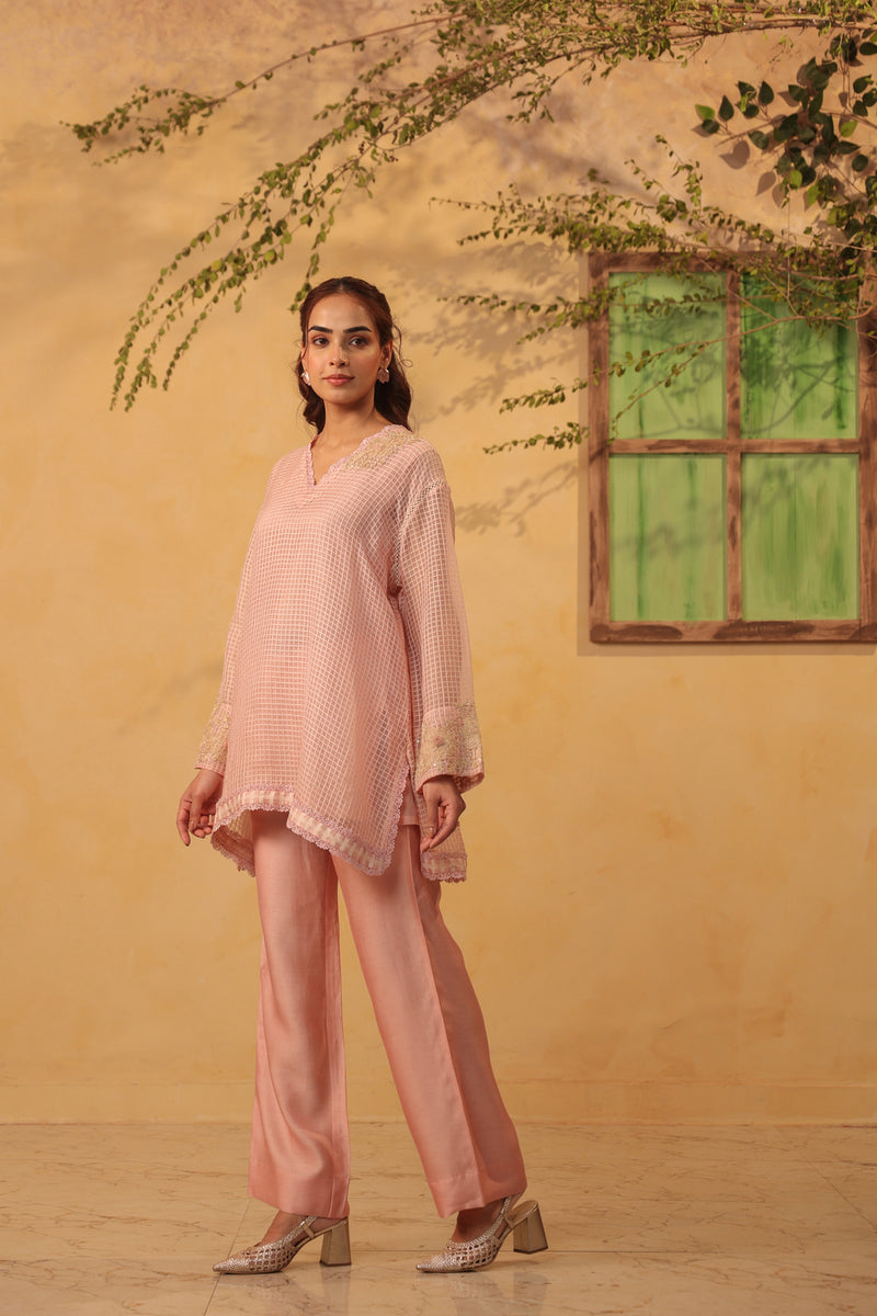 Vaayu Light Pink Applique Co-ord Set Set silk chanderi , silk tencel kurta/kurta set by Niti Bothra in light pink for women Worldwide