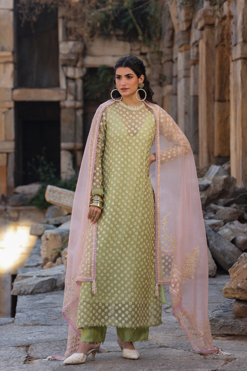 Vaayu Green Close Neck Kurta Set organza , silk tencel kurta/kurta set by Niti Bothra in green for women Worldwide