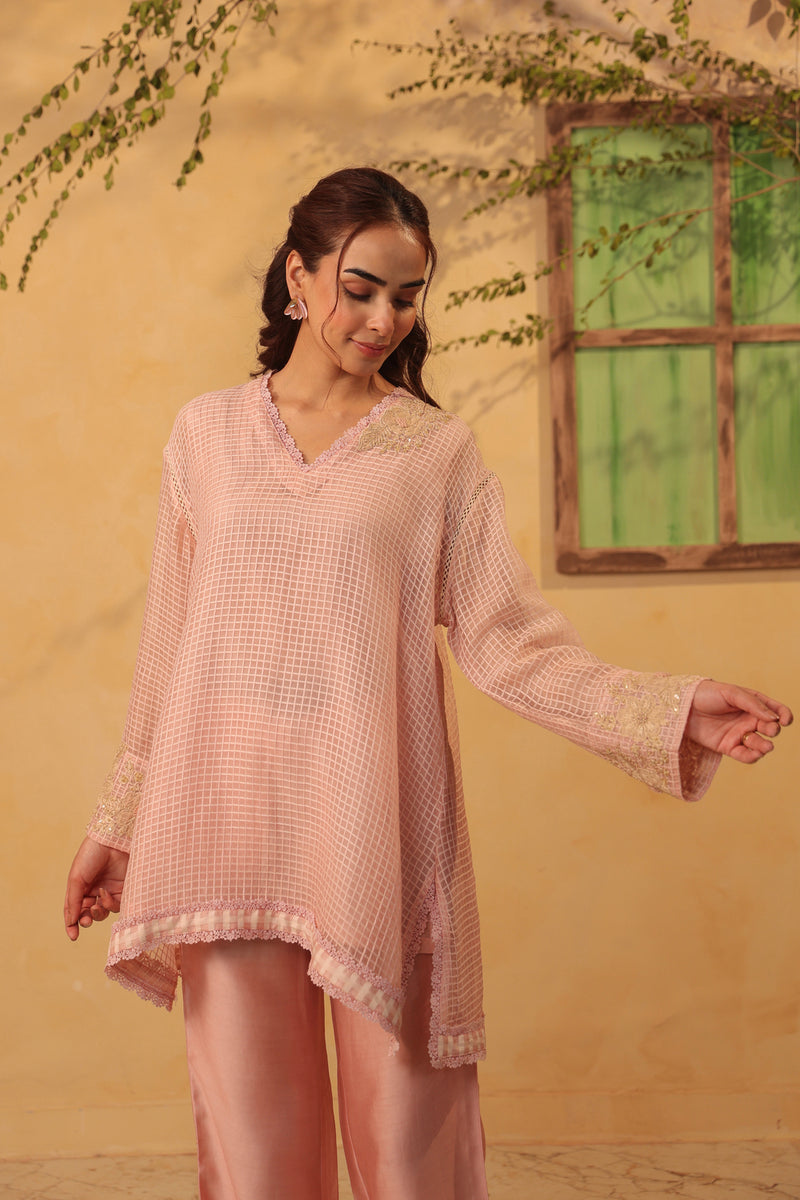 Vaayu Light Pink Applique Co-ord Set Set silk chanderi , silk tencel kurta/kurta set by Niti Bothra in light pink for women Worldwide