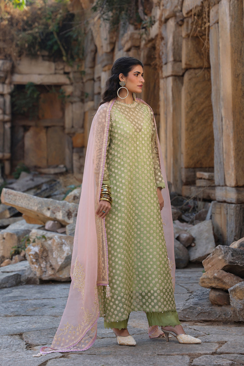 Vaayu Green Close Neck Kurta Set organza , silk tencel kurta/kurta set by Niti Bothra in green for women Worldwide