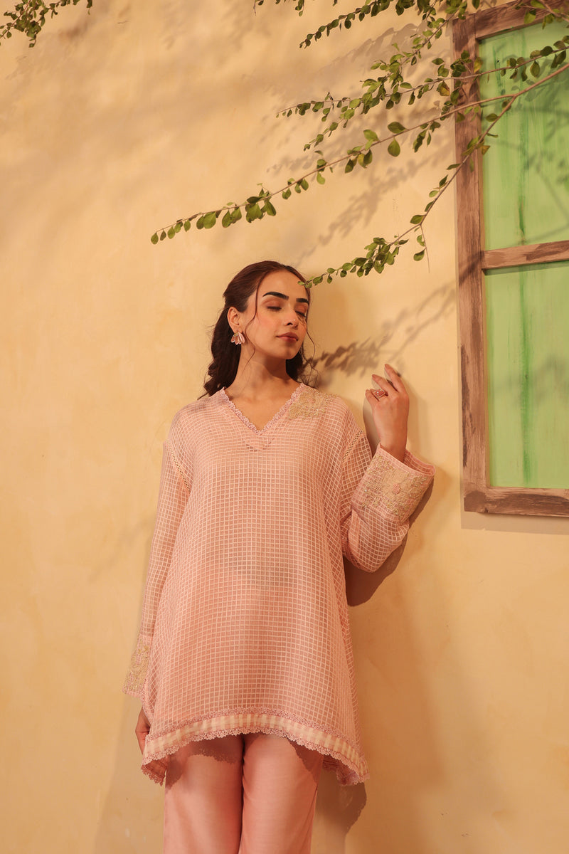 Vaayu Light Pink Applique Co-ord Set Set silk chanderi , silk tencel kurta/kurta set by Niti Bothra in light pink for women Worldwide