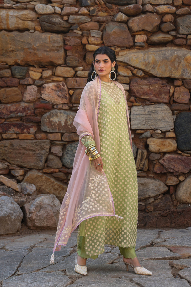 Vaayu Green Close Neck Kurta Set organza , silk tencel kurta/kurta set by Niti Bothra in green for women Worldwide