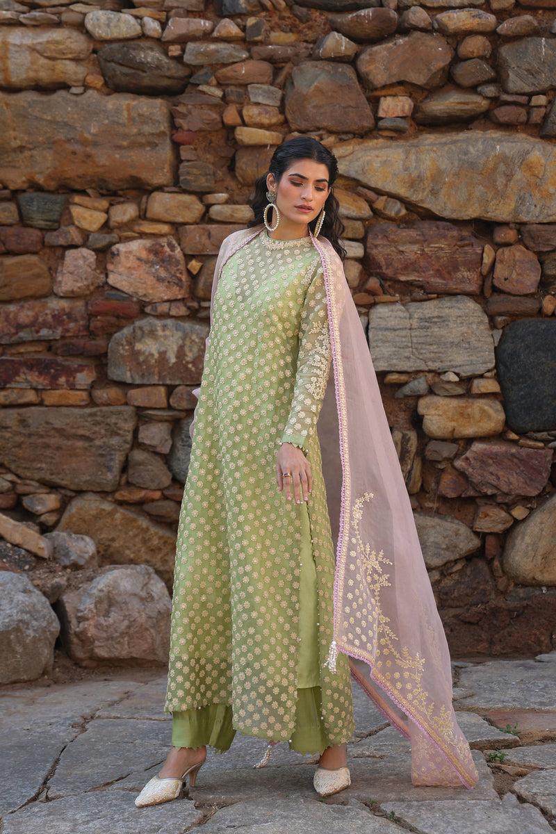 Vaayu Green Close Neck Kurta Set organza , silk tencel kurta/kurta set by Niti Bothra in green for women Worldwide