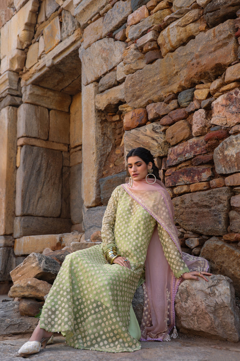 Vaayu Green Close Neck Kurta Set organza , silk tencel kurta/kurta set by Niti Bothra in green for women Worldwide