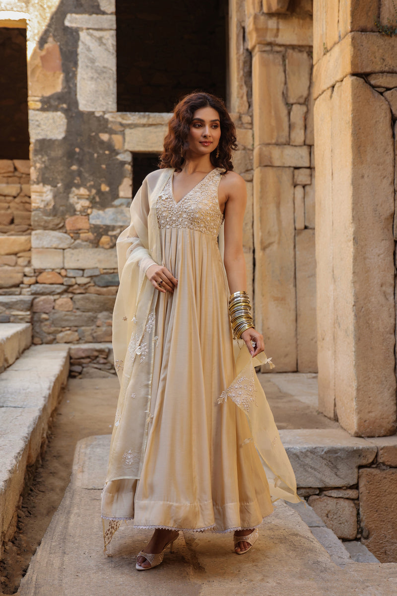 Vaayu Ivory Sleeveless Kalidar Set silk modal kurta/kurta set by Niti Bothra in ivory for women Worldwide