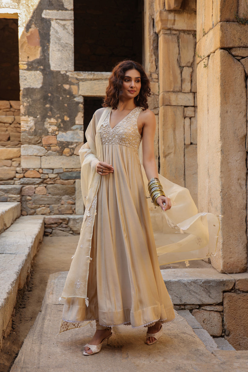 Vaayu Ivory Sleeveless Kalidar Set silk modal kurta/kurta set by Niti Bothra in ivory for women Worldwide
