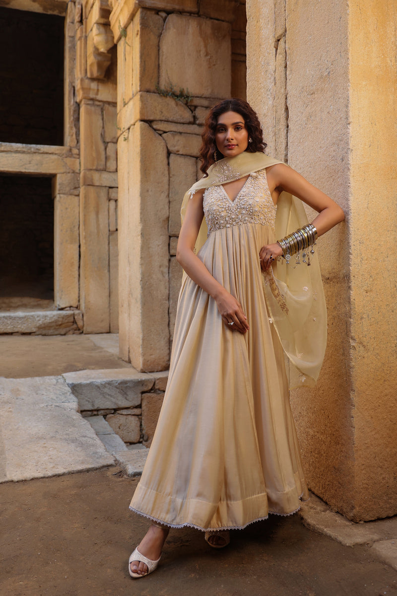 Vaayu Ivory Sleeveless Kalidar Set silk modal kurta/kurta set by Niti Bothra in ivory for women Worldwide