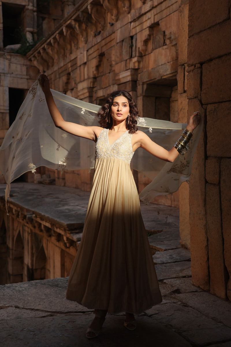 Vaayu Ivory Sleeveless Kalidar Set silk modal kurta/kurta set by Niti Bothra in ivory for women Worldwide