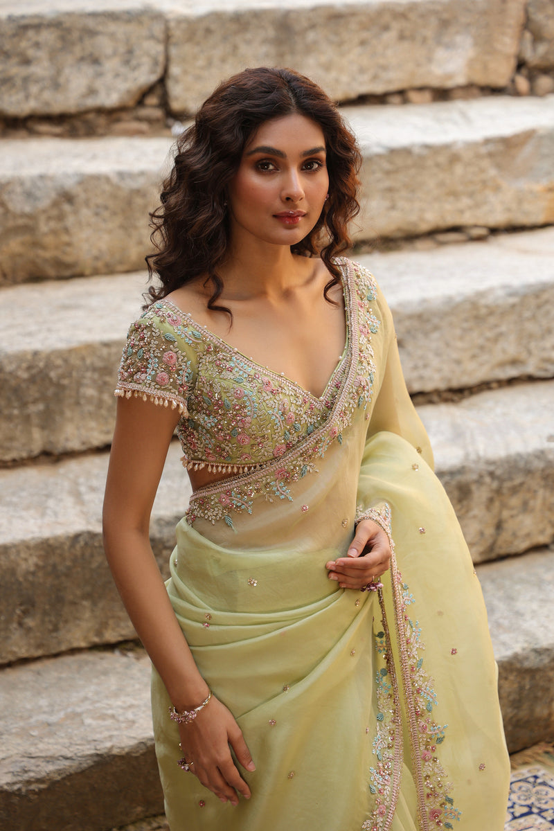 Vaayu Green Multicolor Border Saree Set organza saree by Niti Bothra in green for women Worldwide