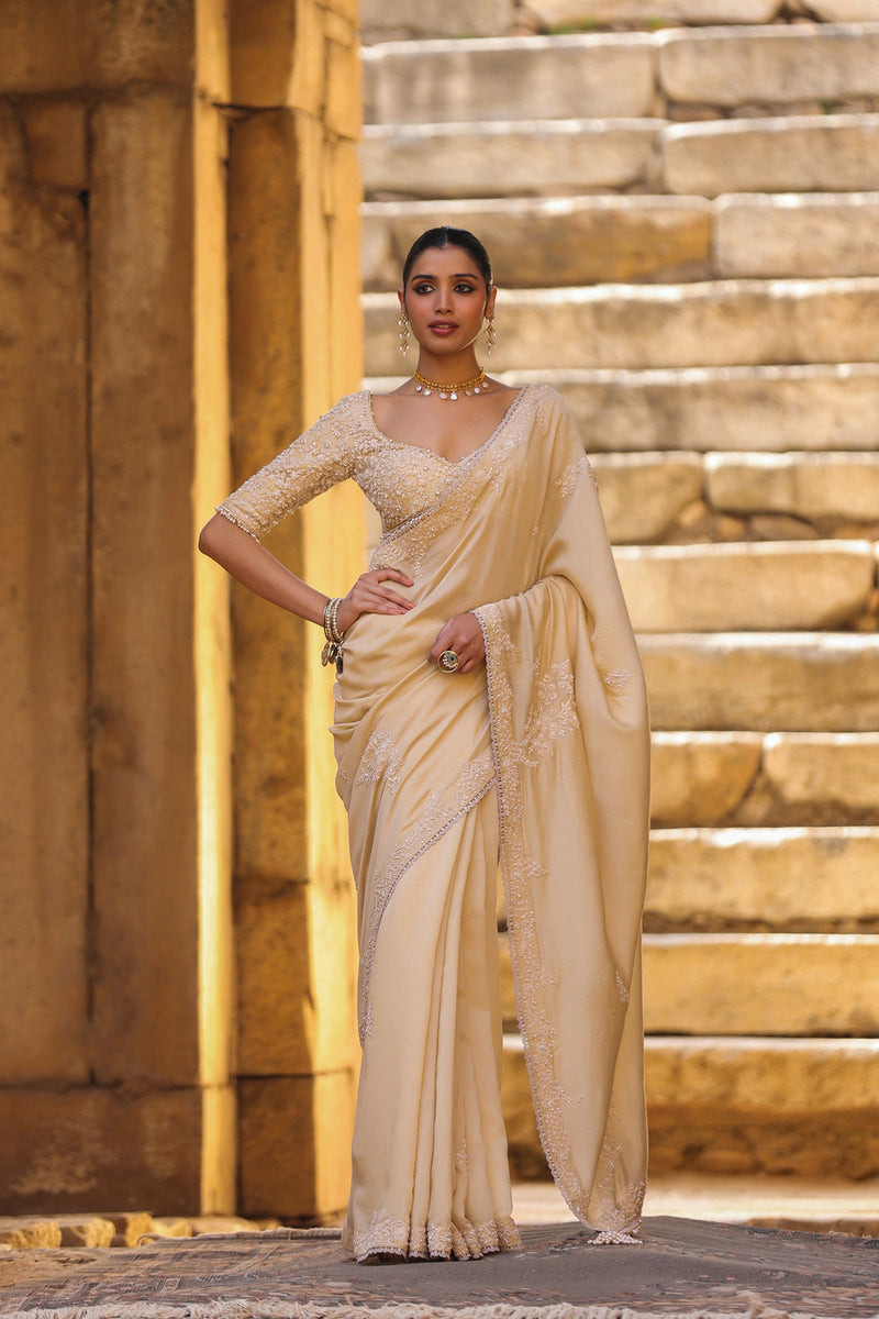 Vaayu Beige Bail Buti Saree Set silk modal saree by Niti Bothra in beige for women Worldwide