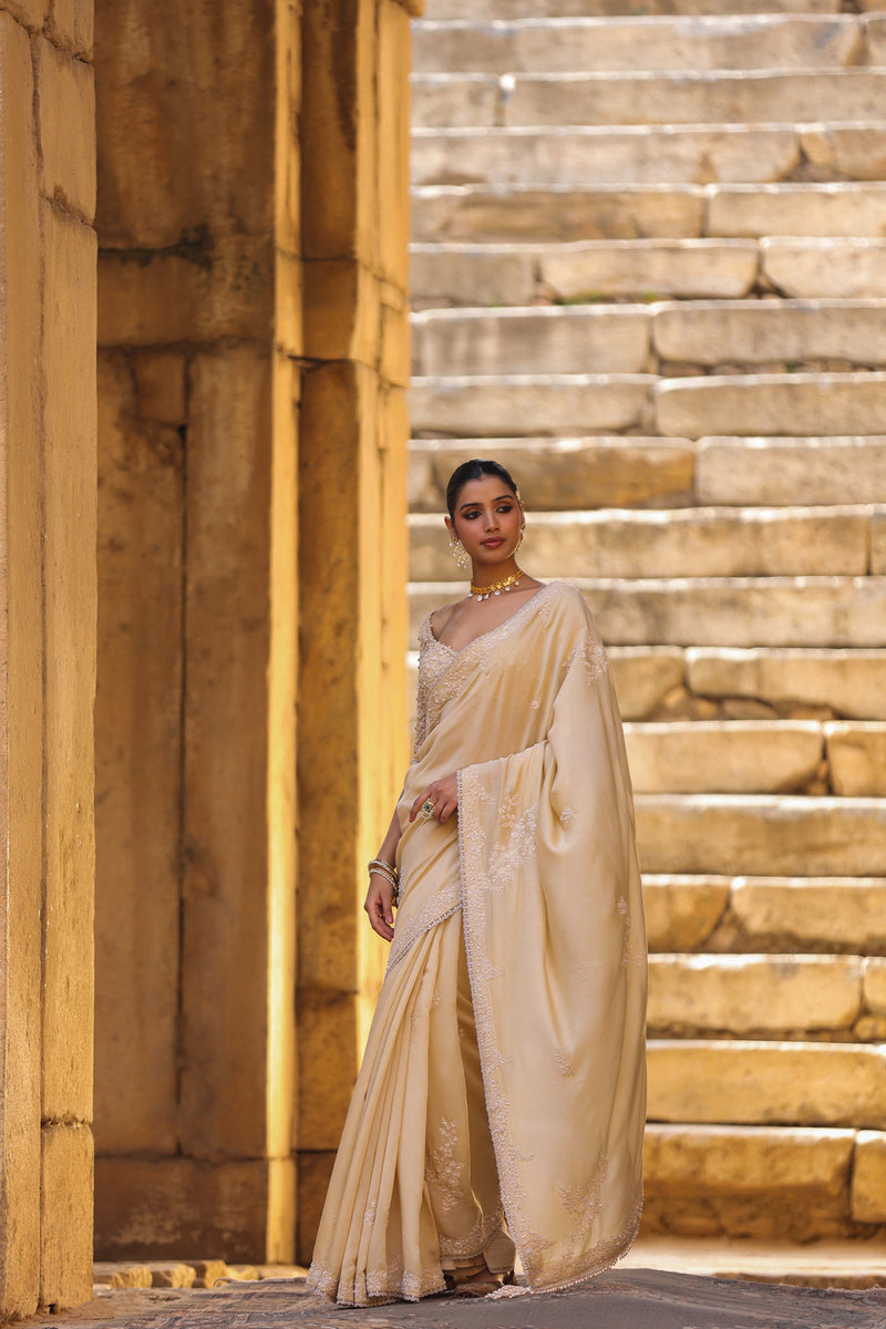 Vaayu Beige Bail Buti Saree Set silk modal saree by Niti Bothra in beige for women Worldwide