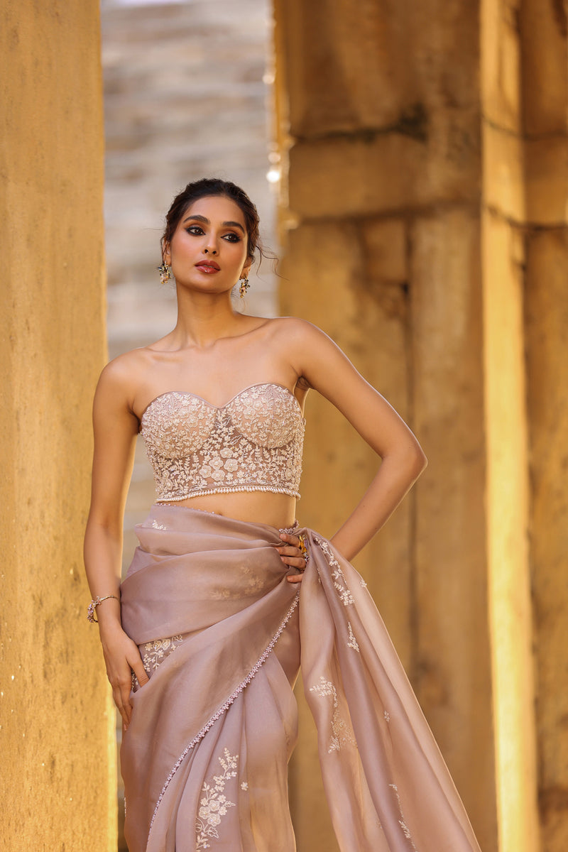 Vaayu Taupe Applique Corset Saree Set organza saree by Niti Bothra in taupe for women Worldwide