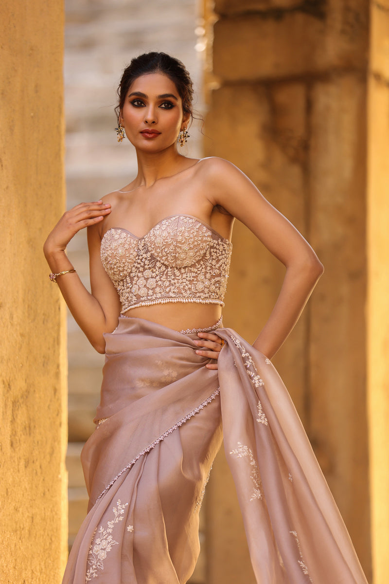 Vaayu Taupe Applique Corset Saree Set organza saree by Niti Bothra in taupe for women Worldwide