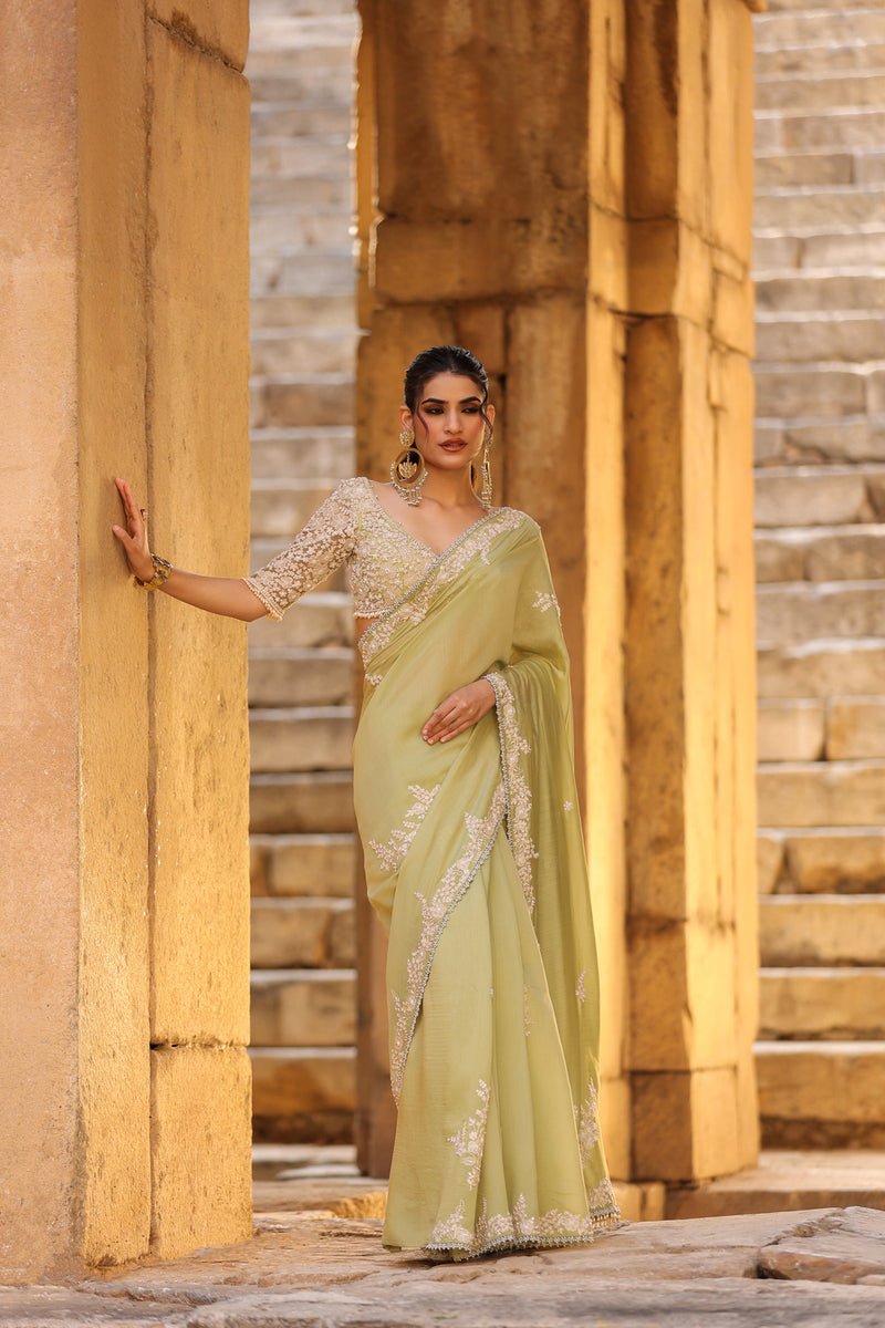 Vaayu Green Bail Buti Saree Set silk modal saree by Niti Bothra in green for women Worldwide