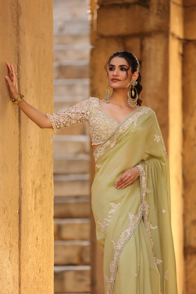 Vaayu Green Bail Buti Saree Set silk modal saree by Niti Bothra in green for women Worldwide