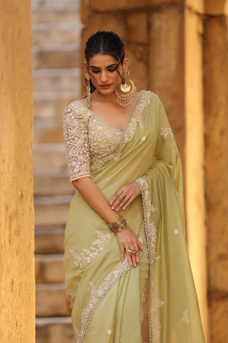 Vaayu Green Bail Buti Saree Set silk modal saree by Niti Bothra in green for women Worldwide