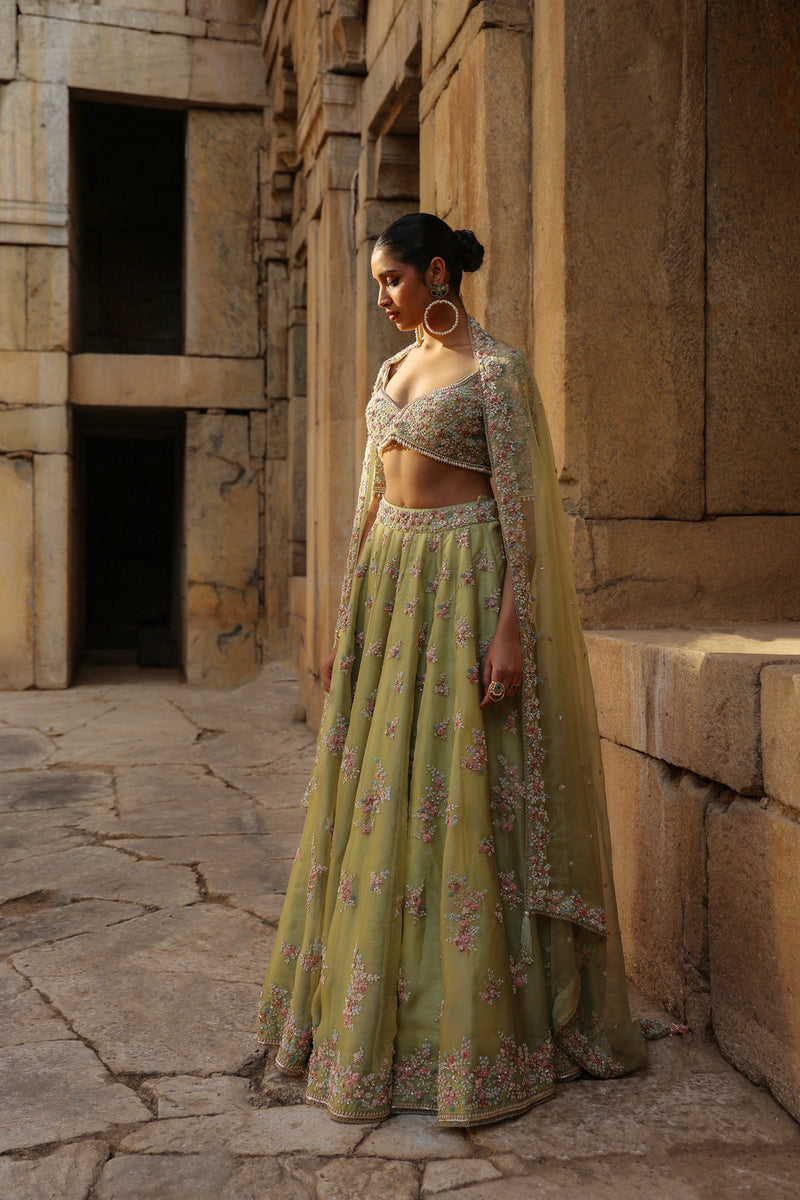 Vaayu Green Multicolor Phool Lehenga Set organza lehenga sets by Niti Bothra in green for women Worldwide
