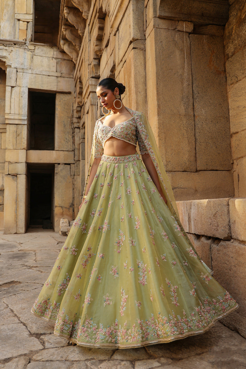 Vaayu Green Multicolor Phool Lehenga Set organza lehenga sets by Niti Bothra in green for women Worldwide