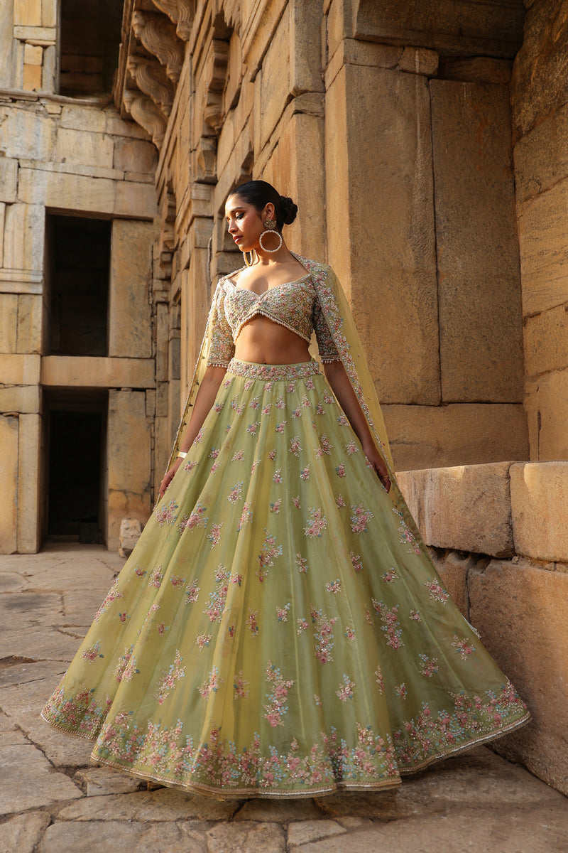 Vaayu Green Multicolor Phool Lehenga Set organza lehenga sets by Niti Bothra in green for women Worldwide