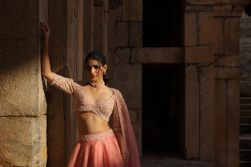 Vaayu Pink Guldasta Lehenga Set organza lehenga sets by Niti Bothra in pink for women Worldwide