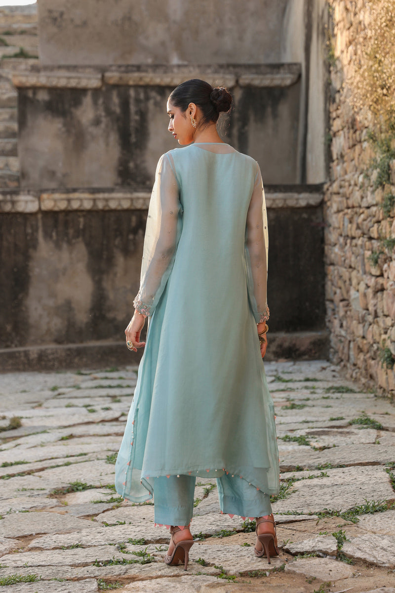 Vaayu Light Blue Heavy Neck Kurta Set organza , silk tencel kurta/kurta set by Niti Bothra in light blue for women Worldwide