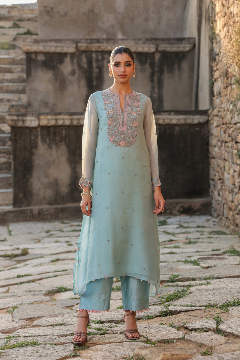 Vaayu Light Blue Heavy Neck Kurta Set organza , silk tencel kurta/kurta set by Niti Bothra in light blue for women Worldwide