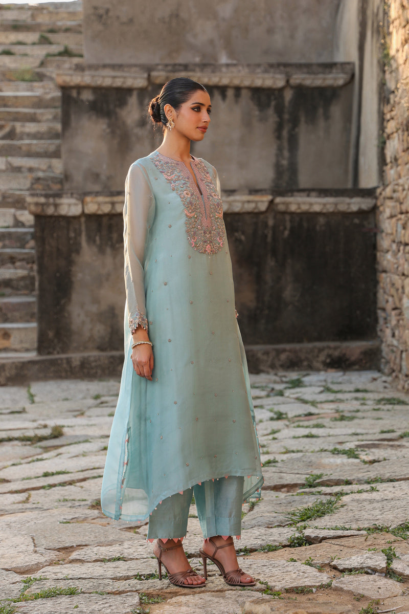Vaayu Light Blue Heavy Neck Kurta Set organza , silk tencel kurta/kurta set by Niti Bothra in light blue for women Worldwide