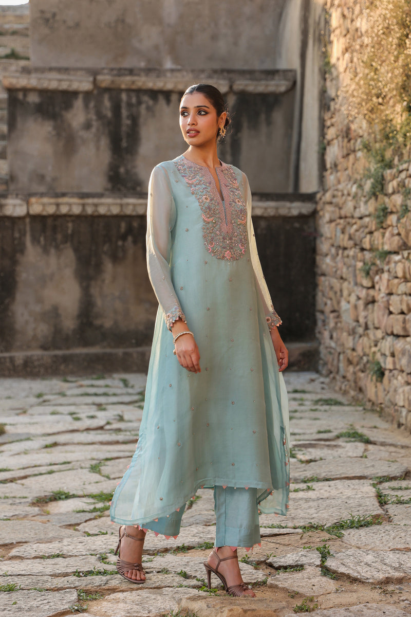 Vaayu Light Blue Heavy Neck Kurta Set organza , silk tencel kurta/kurta set by Niti Bothra in light blue for women Worldwide